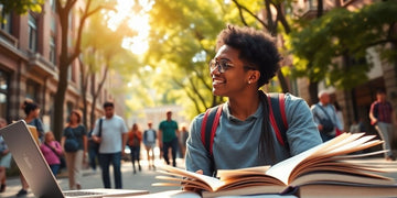 University student on vibrant campus with books and laptop.