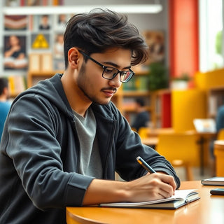 Estudiante universitario escribiendo en un ambiente vibrante.