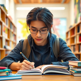 University student writing in a vibrant study environment.