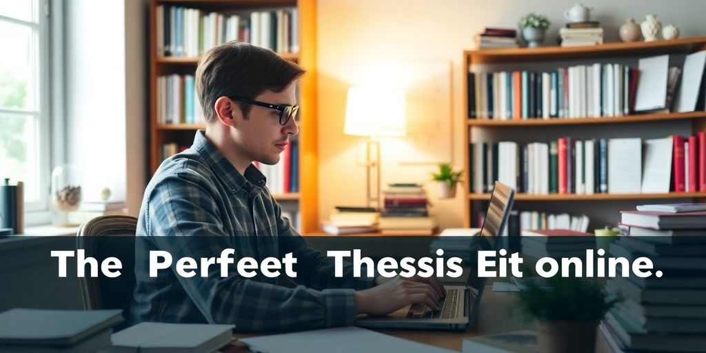 Researcher at desk searching for thesis editor online.