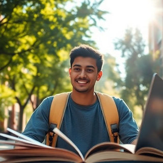 University student in a vibrant campus environment with books.