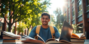 University student in a vibrant campus environment with books.