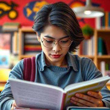 University student reading in a vibrant study environment.