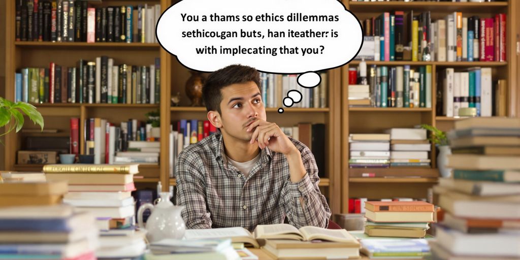 Student contemplating ethical dilemmas in a study setting.