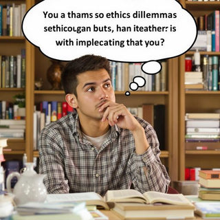 Student contemplating ethical dilemmas in a study setting.