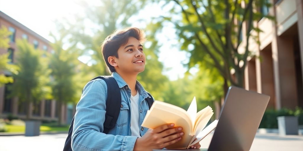 University student studying on a lively campus.