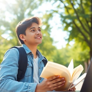 University student studying on a lively campus.