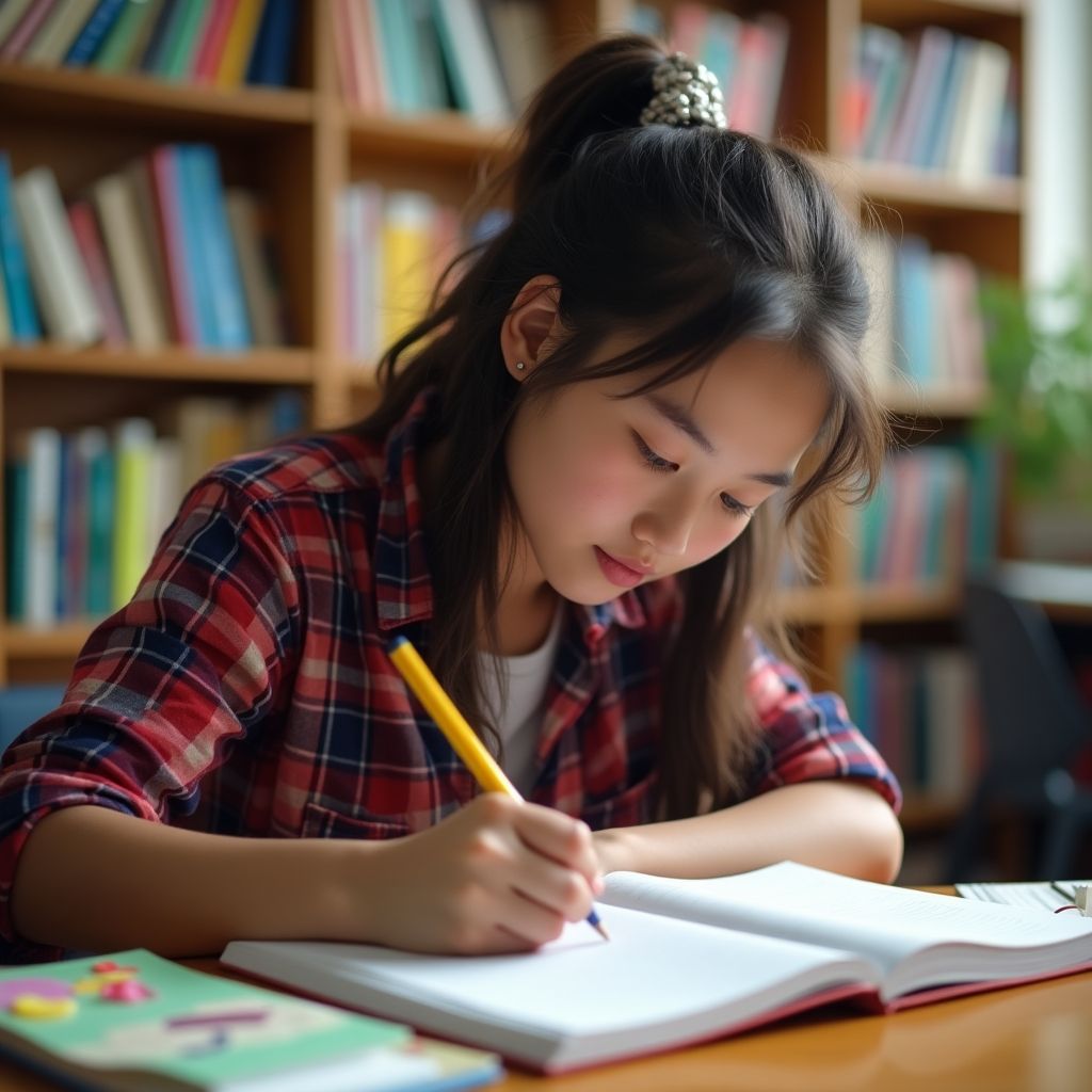 University student writing in a vibrant study environment.