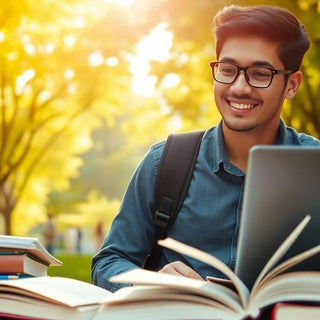 University student studying in a vibrant campus environment.