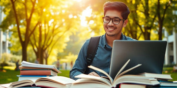 University student studying in a vibrant campus environment.