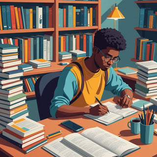 Estudiante escribiendo tesis en el escritorio con libros
