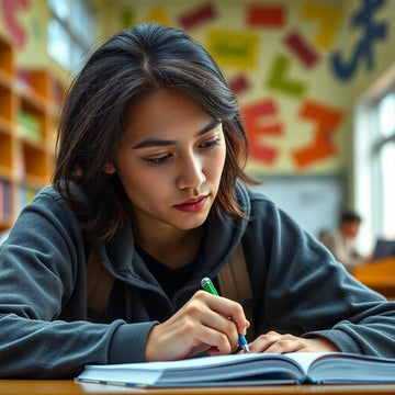 University student writing in a vibrant study environment.