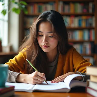 Estudante universitário escrevendo em um ambiente colorido.