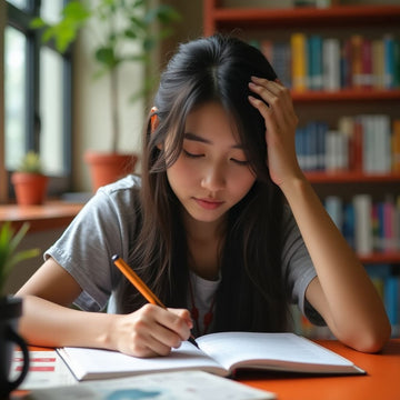 University student writing in a colorful environment.