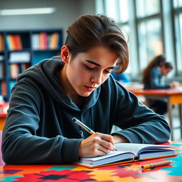 University student writing with a focused expression.