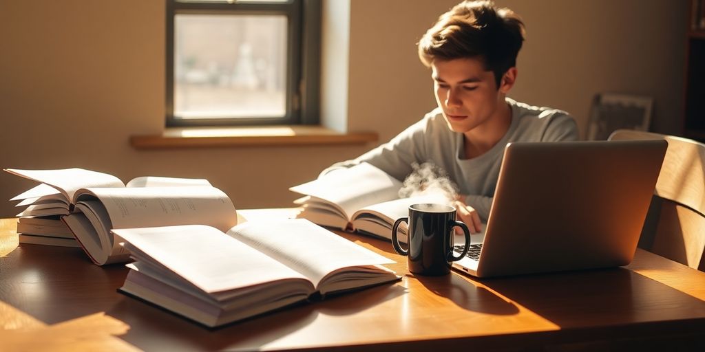 Student studying, surrounded by books and a laptop.