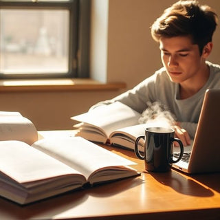 Student studying, surrounded by books and a laptop.
