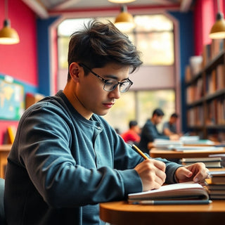 University student writing in a vibrant study environment.