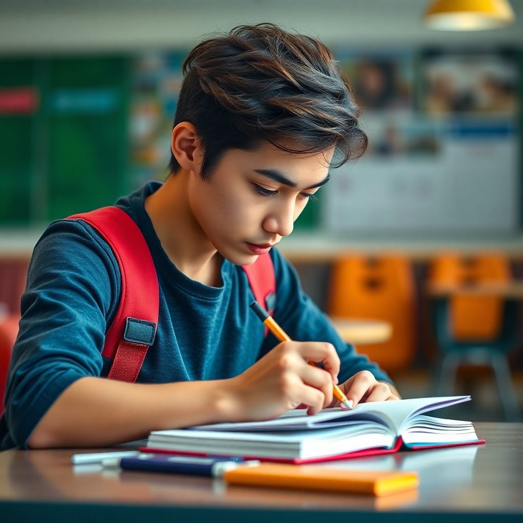 University student writing at a colorful desk setting.