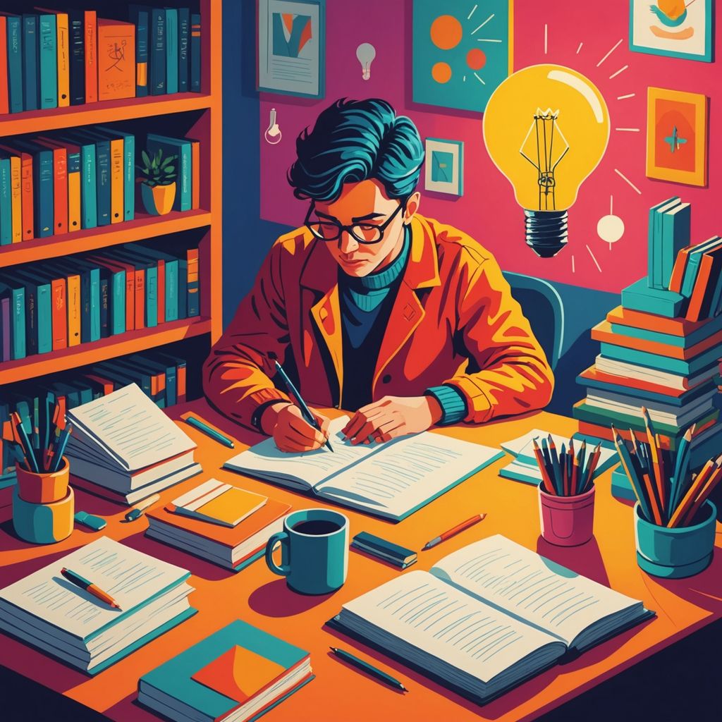 شخص يكتب على مكتب مع كتب ومصباح