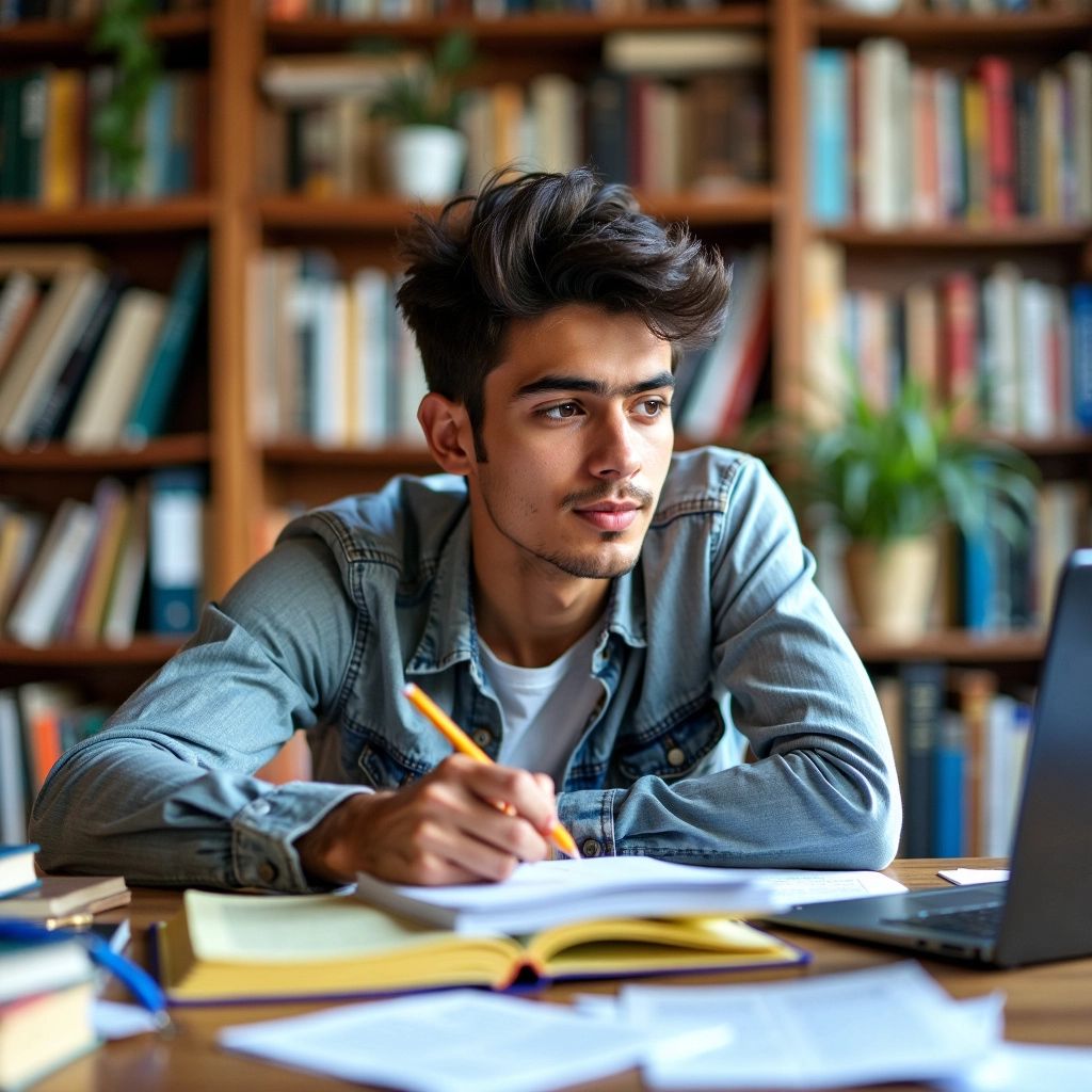 Mahasiswa merencanakan tesis master dengan buku dan laptop.