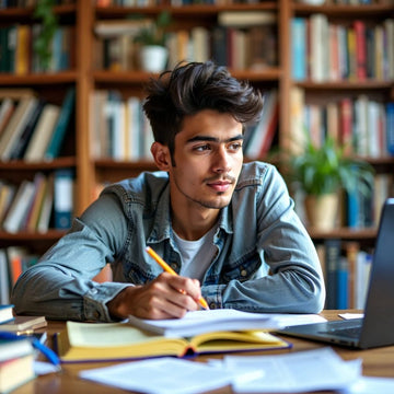 Mahasiswa merencanakan tesis master dengan buku dan laptop.