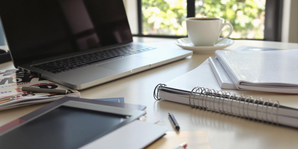 Inspiring workspace with laptop and notebooks.