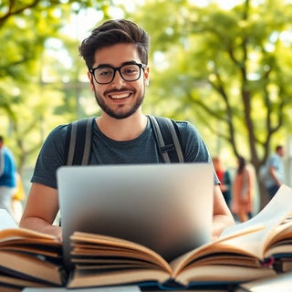 Estudante universitário em um ambiente acadêmico vibrante.