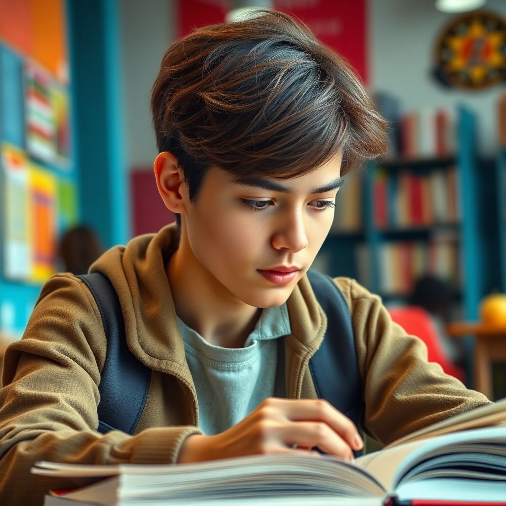 Estudante universitário concentrado na leitura.