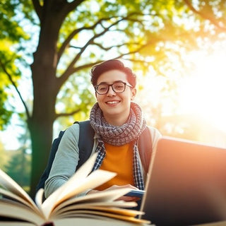 University student engaged in study on a lively campus.