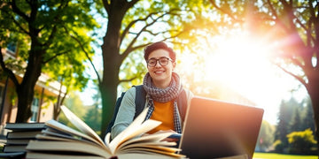 University student engaged in study on a lively campus.