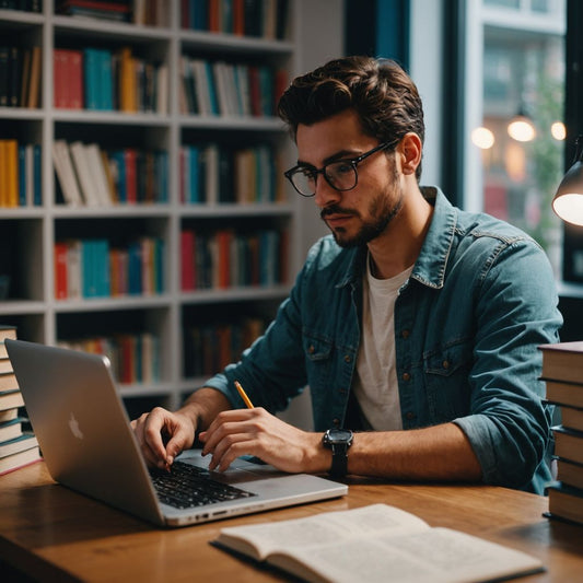 Estudiante trabajando en su tesis con libros y laptop