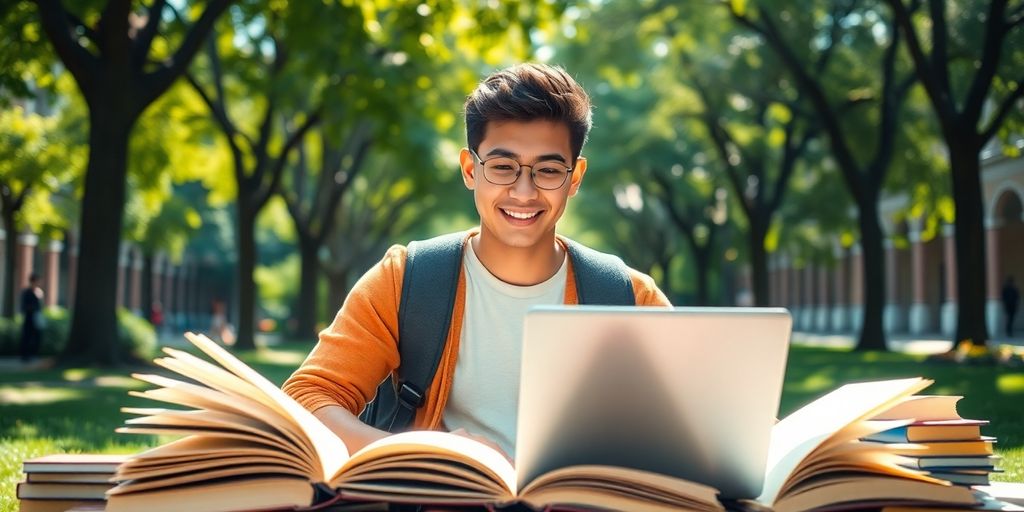 University student in a vibrant campus environment with books.