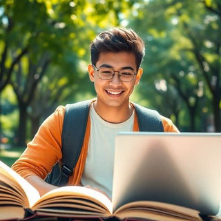 University student in a vibrant campus environment with books.