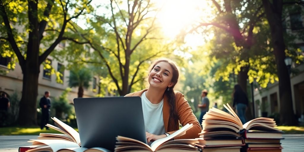 University student in a lively campus with books and laptop.