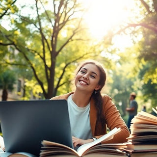 University student in a lively campus with books and laptop.