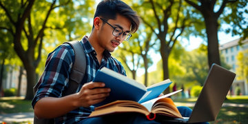 University student studying on a vibrant campus.