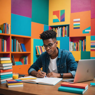 Student writing thesis with colorful books and laptop