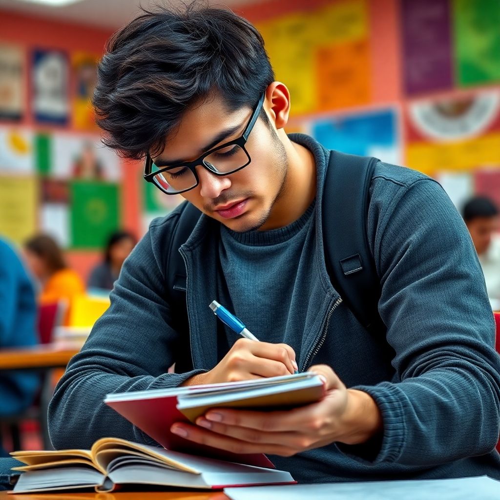 Étudiant universitaire écrivant dans un environnement vibrant.