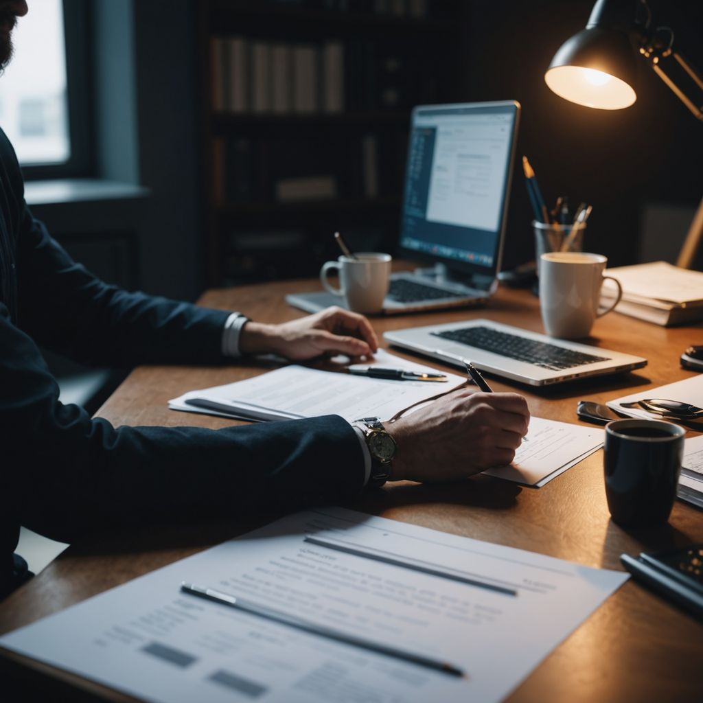 Researcher planning with documents and laptop on desk