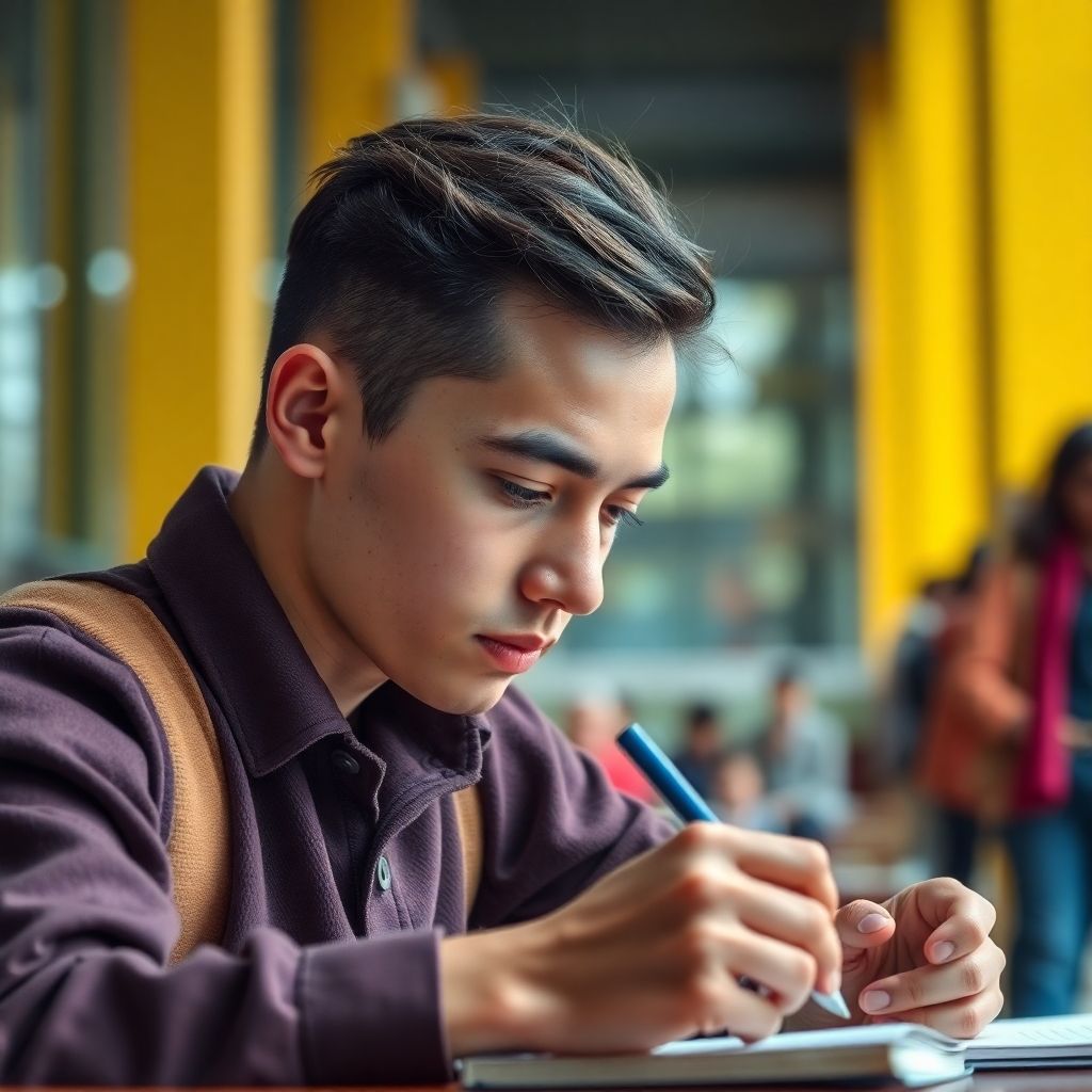 Estudiante universitario concentrado en una actividad académica.