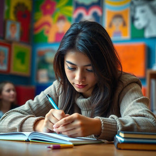 University student writing in a colorful study environment.