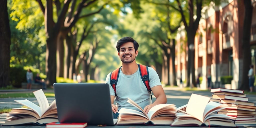 University student studying in a vibrant campus environment.