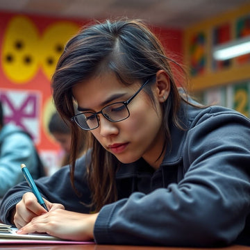 Estudiante universitario escribiendo en un entorno vibrante.