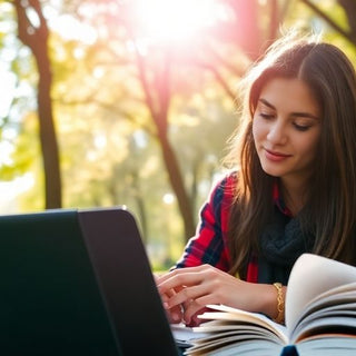 University student studying in a lively campus environment.