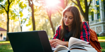 University student studying in a lively campus environment.