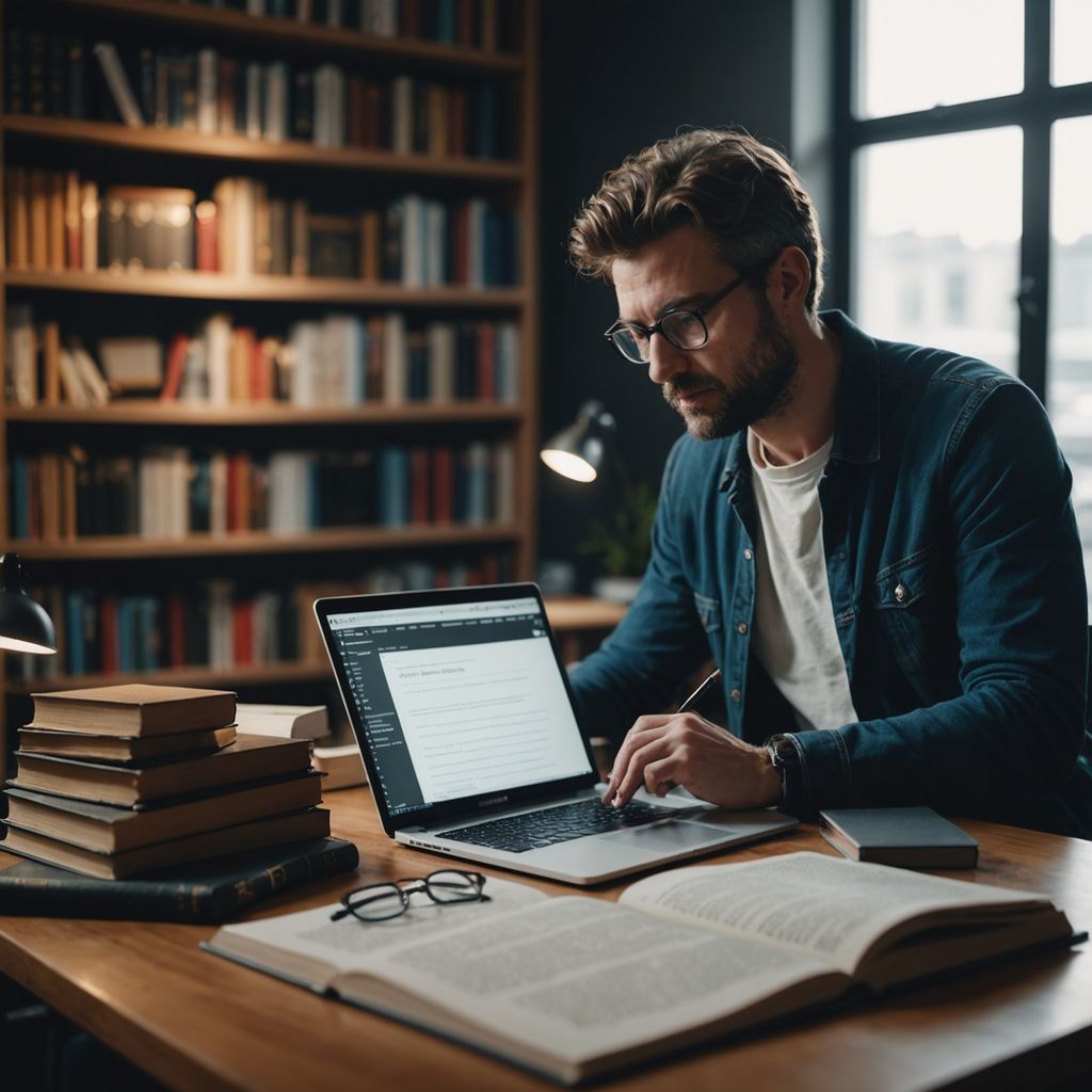 Person researching literature with books and laptop on desk