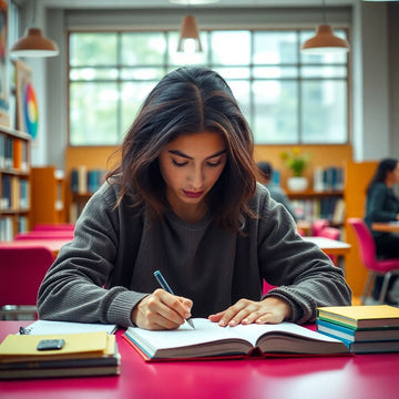 University student writing in a vibrant study environment.