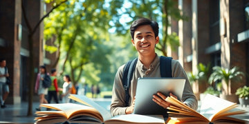 University student in a vibrant academic campus environment.