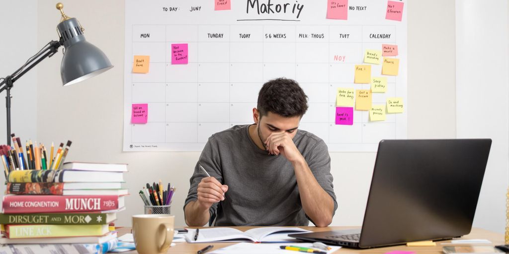 Student writing at desk with books and laptop.